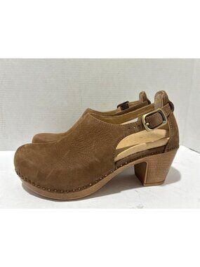 Dansko Sassy women's heeled clogs featuring a brown nubuck leather size 38